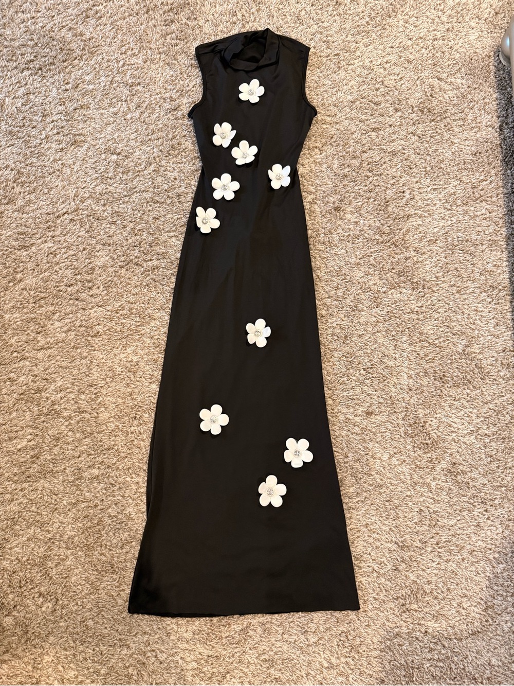 Black Sleeveless Maxi Dress with White Floral Appliqués